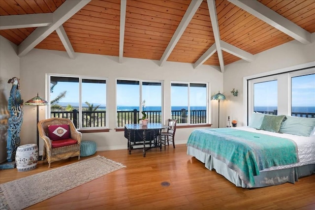 bedroom featuring vaulted ceiling with beams, a water view, hardwood / wood-style flooring, and wood ceiling