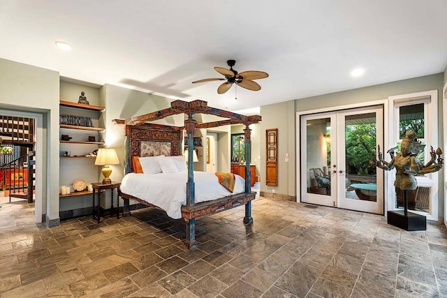 bedroom with french doors, access to outside, and ceiling fan