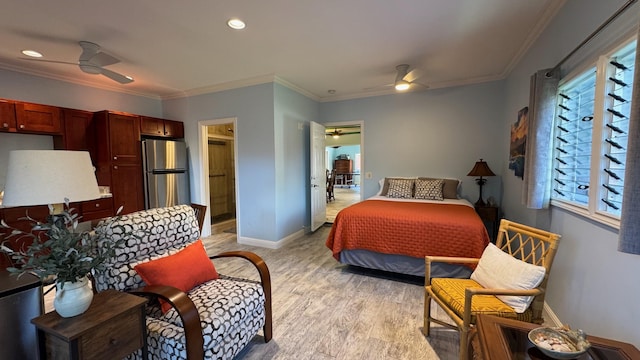 bedroom with ceiling fan, stainless steel fridge, and crown molding