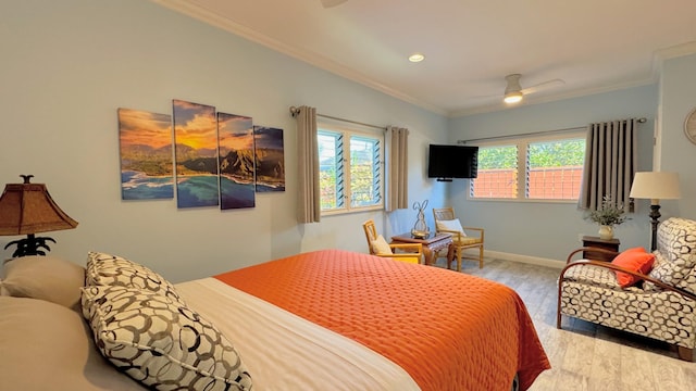 bedroom with wood-type flooring, ceiling fan, and ornamental molding