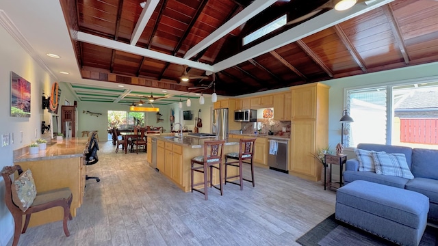 kitchen featuring light brown cabinets, wood ceiling, and appliances with stainless steel finishes