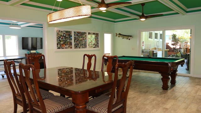 dining space featuring ceiling fan, light hardwood / wood-style floors, crown molding, and pool table