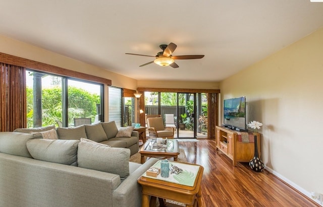 living room with ceiling fan, plenty of natural light, and dark hardwood / wood-style floors