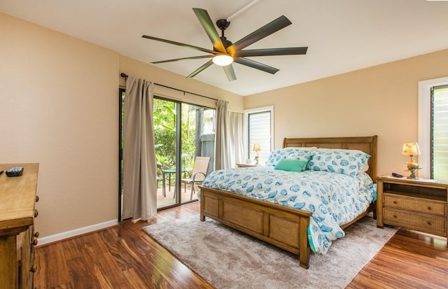 bedroom featuring ceiling fan, access to outside, and hardwood / wood-style floors