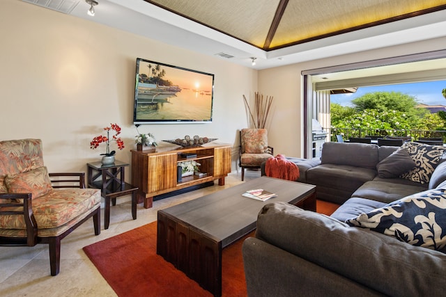 living room featuring lofted ceiling and a raised ceiling