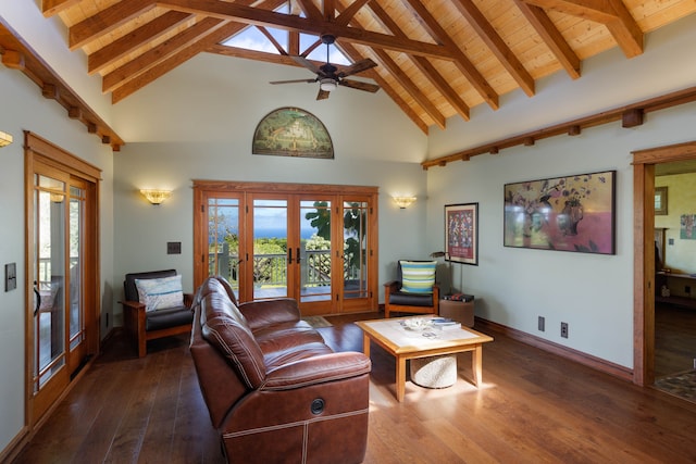 living room featuring beamed ceiling, french doors, dark hardwood / wood-style floors, and high vaulted ceiling