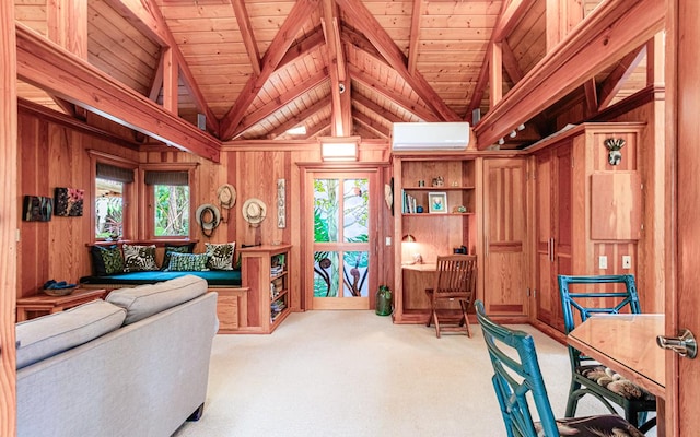 interior space with wood walls, plenty of natural light, and carpet