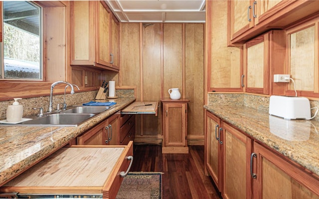 kitchen featuring light stone countertops, brown cabinetry, dark wood-type flooring, and a sink