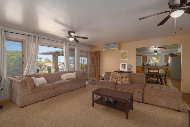 living room featuring a textured ceiling, light carpet, and a wall mounted air conditioner