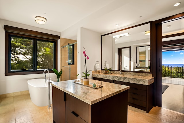 bathroom with plus walk in shower and vanity