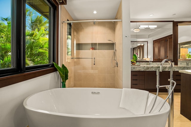 bathroom featuring vanity, a wealth of natural light, and shower with separate bathtub