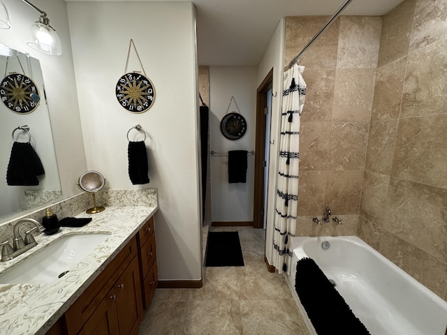 bathroom with shower / bath combination with curtain and vanity