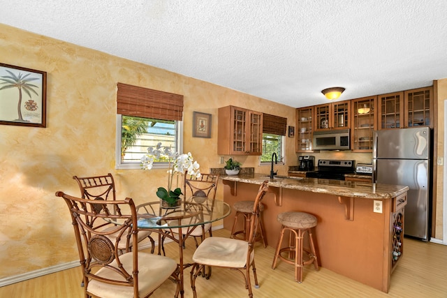 kitchen with kitchen peninsula, appliances with stainless steel finishes, plenty of natural light, and stone counters