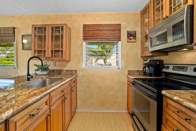 kitchen with light stone counters, sink, stainless steel appliances, and light hardwood / wood-style flooring