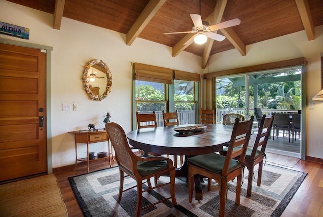 dining room with vaulted ceiling with beams, hardwood / wood-style flooring, ceiling fan, and wood ceiling