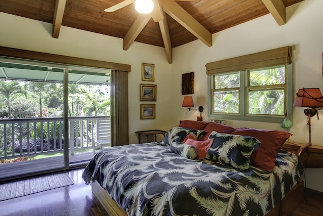 bedroom featuring vaulted ceiling with beams, ceiling fan, access to exterior, and wooden ceiling