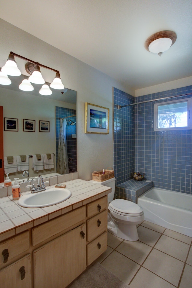 full bathroom with toilet, shower / bath combination with curtain, vanity, and tile patterned floors