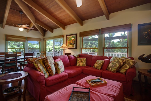 living room featuring vaulted ceiling with beams, ceiling fan, and wood ceiling