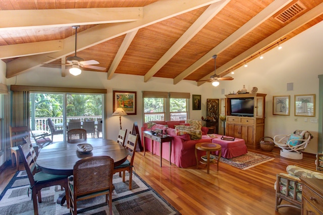 dining room featuring a healthy amount of sunlight, ceiling fan, high vaulted ceiling, and wood-type flooring