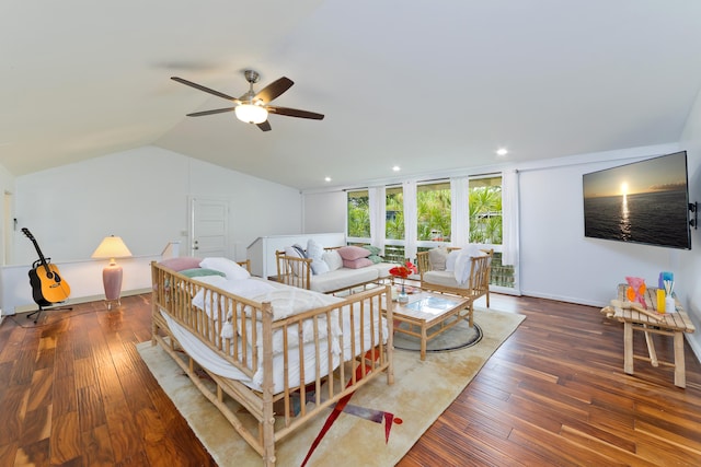 bedroom with lofted ceiling, ceiling fan, and dark hardwood / wood-style floors