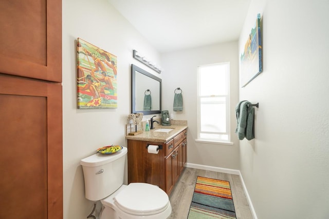 bathroom with vanity, wood-type flooring, and toilet