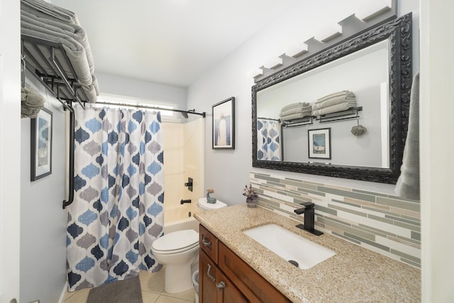 full bathroom with tile patterned floors, toilet, decorative backsplash, shower / bath combo with shower curtain, and vanity