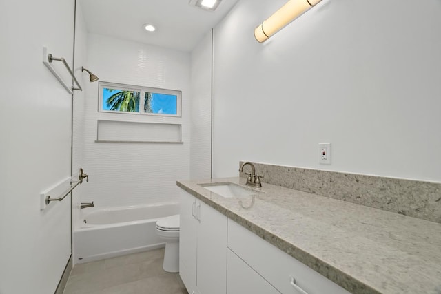 full bath featuring tile patterned flooring, shower / bathing tub combination, vanity, and toilet