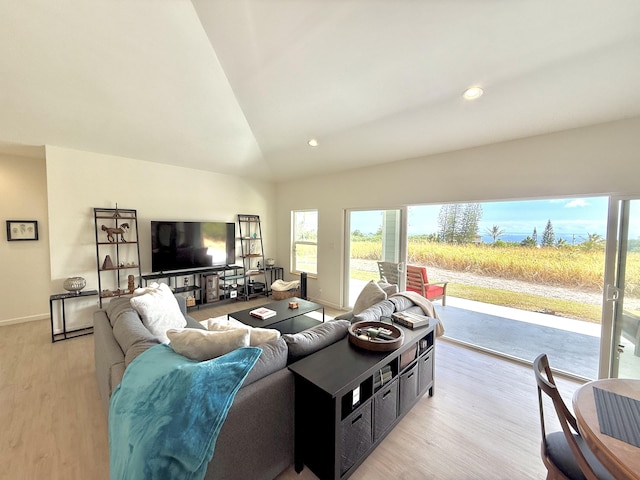 living room with light hardwood / wood-style floors and vaulted ceiling