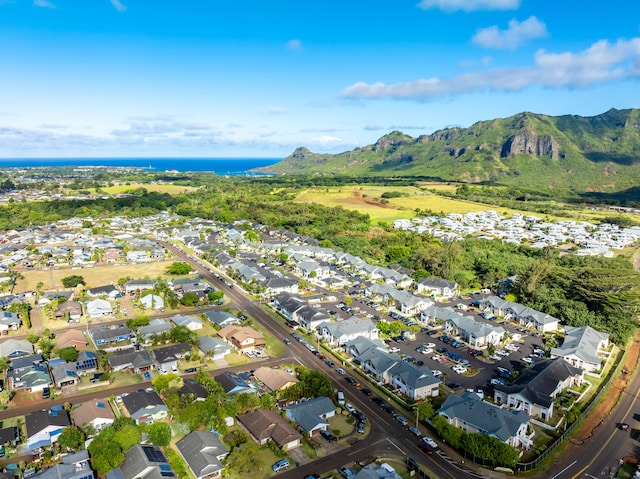 drone / aerial view featuring a mountain view