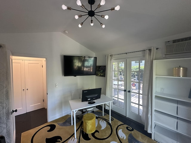 office space with a wall mounted AC, french doors, vaulted ceiling, and an inviting chandelier