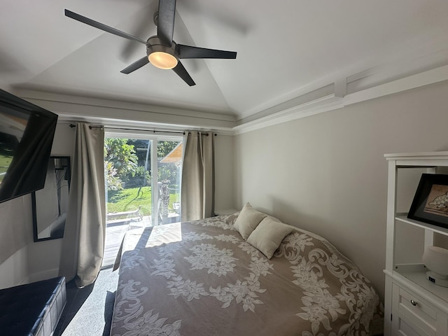 bedroom with ceiling fan, access to exterior, and vaulted ceiling