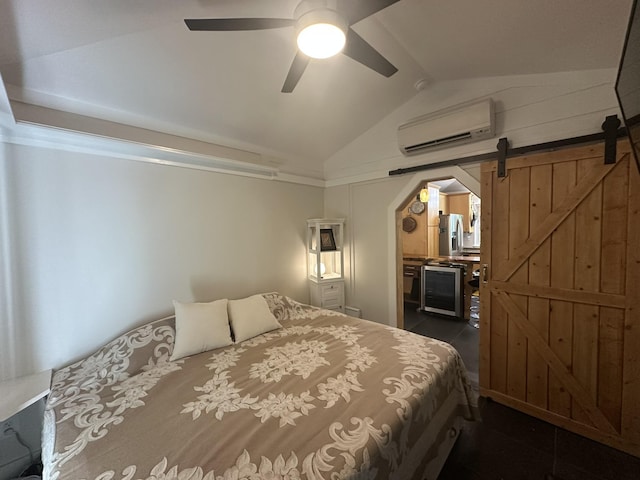 bedroom featuring a barn door, stainless steel refrigerator with ice dispenser, ceiling fan, a wall unit AC, and lofted ceiling