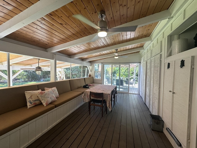 sunroom featuring wooden ceiling and vaulted ceiling with beams