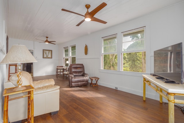 living room featuring wooden ceiling, ceiling fan, and dark wood-type flooring