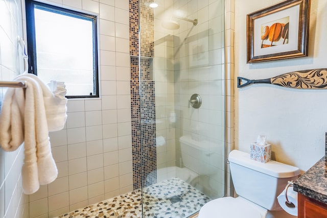 bathroom featuring a shower with shower door, toilet, and a healthy amount of sunlight