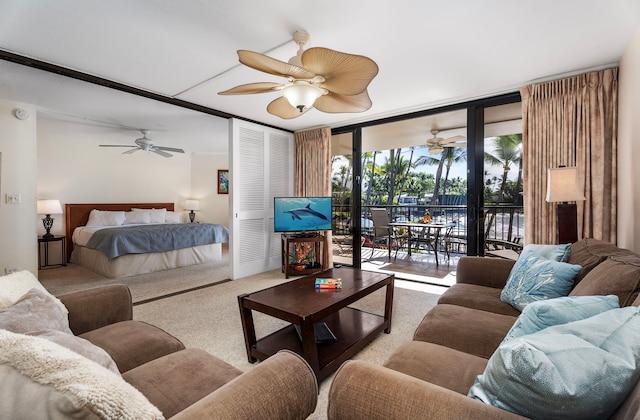 carpeted living room with floor to ceiling windows