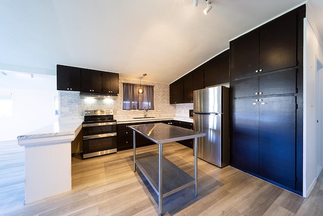 kitchen featuring decorative light fixtures, sink, tasteful backsplash, light hardwood / wood-style floors, and stainless steel appliances