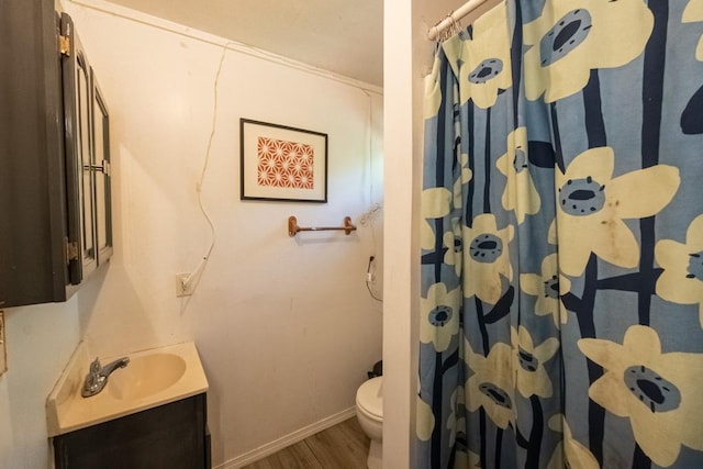 bathroom featuring walk in shower, vanity, wood-type flooring, and toilet