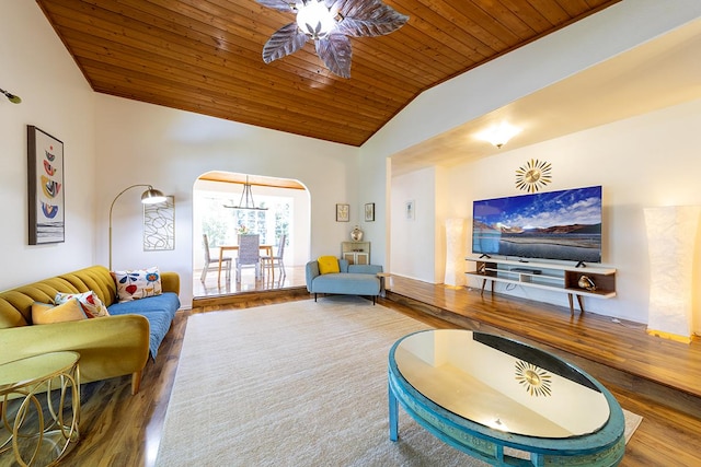 living room with lofted ceiling, wood ceiling, dark hardwood / wood-style floors, and ceiling fan