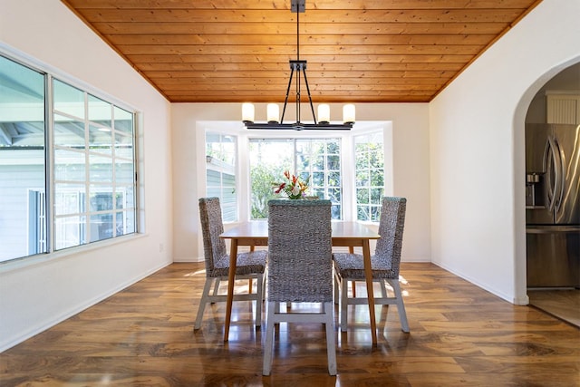 dining room featuring lofted ceiling, wooden ceiling, dark hardwood / wood-style floors, and a chandelier