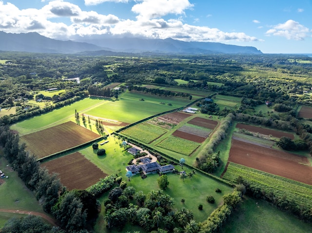 drone / aerial view with a mountain view and a rural view