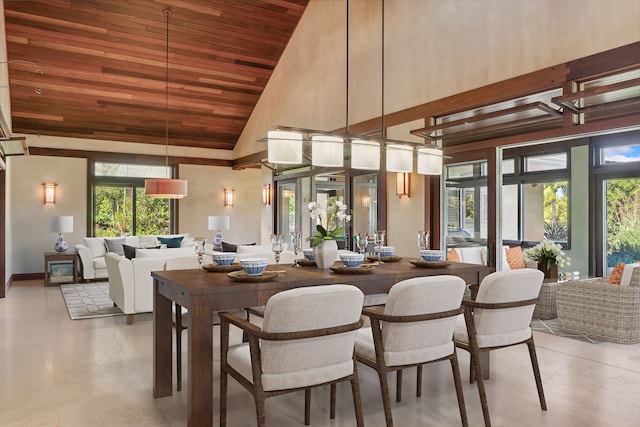 dining area featuring high vaulted ceiling and wooden ceiling