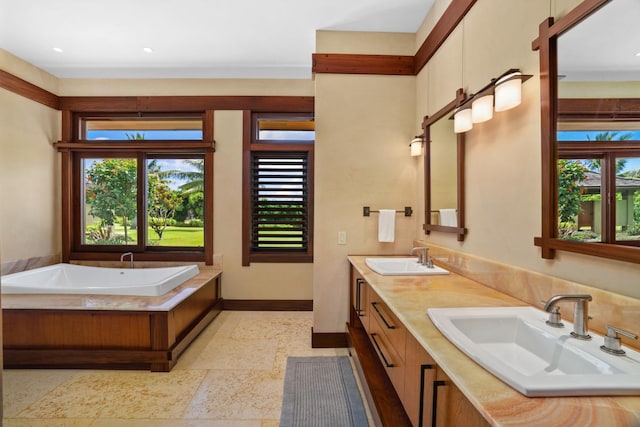 bathroom featuring vanity and a washtub