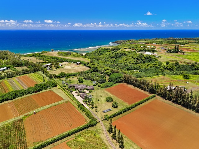 birds eye view of property featuring a rural view and a water view