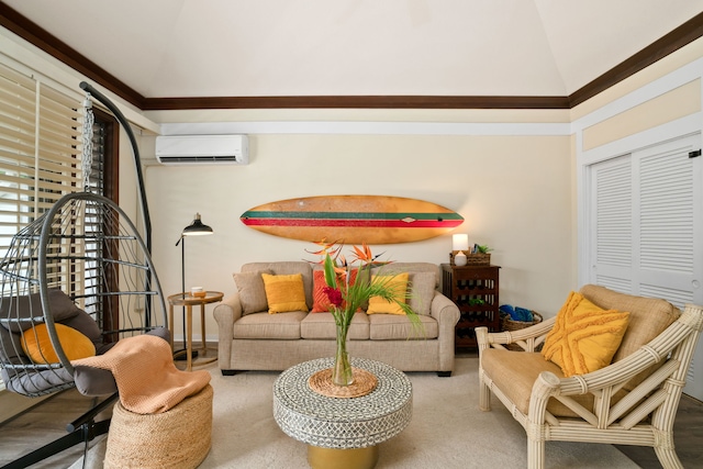 living room with a wall mounted air conditioner and a towering ceiling