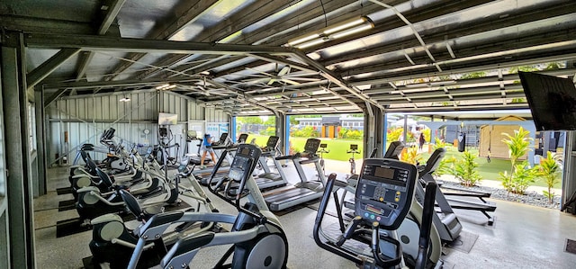 exercise room featuring lofted ceiling