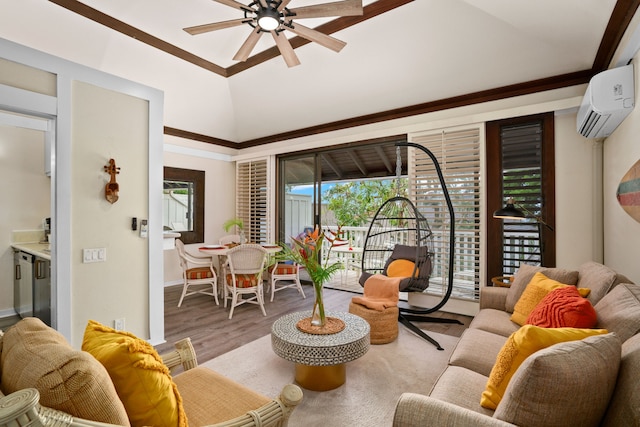 living room featuring a wall mounted air conditioner, hardwood / wood-style floors, lofted ceiling, crown molding, and ceiling fan