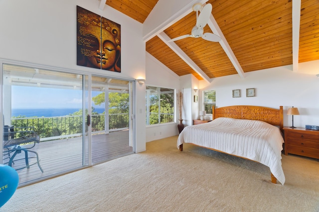 bedroom featuring beamed ceiling, carpet flooring, access to exterior, and high vaulted ceiling