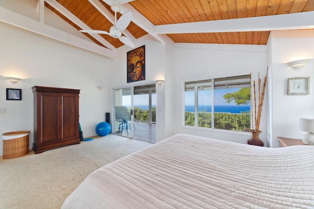 carpeted bedroom featuring beamed ceiling, high vaulted ceiling, access to outside, and wood ceiling