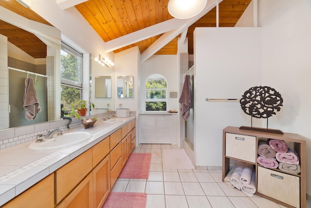 bathroom featuring lofted ceiling with beams, tile patterned flooring, an enclosed shower, and wood ceiling